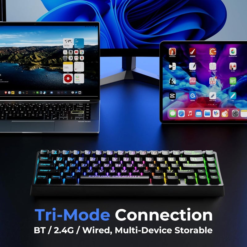 HITIME x XVX M67 Wireless 60% Percent Keyboard, QMK/VIA Topographic Gaming Keyboard, Tri-Mode Thocky Creamy Mechanical Key board, Hot Swappable Gasket Mount RGB IMD Tech for Win/Mac, Miami Theme, Black - Image 3